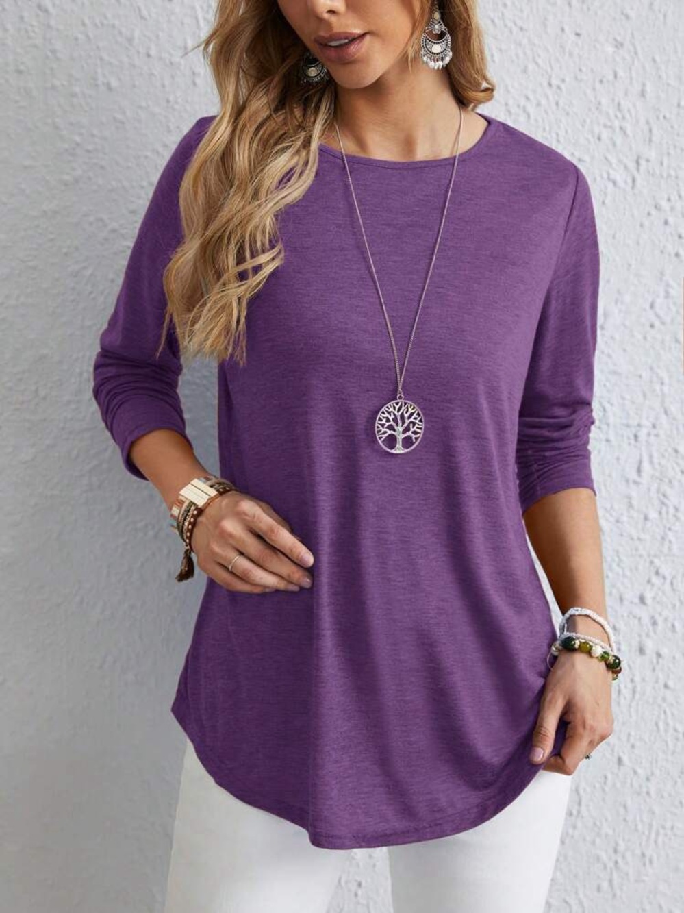 Casual Long Sleeve Crewneck Top - Purple